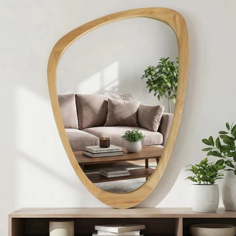 Oak Irregularly Shaped Solid Wood Frame Mirror for Bedrooms and Bathrooms