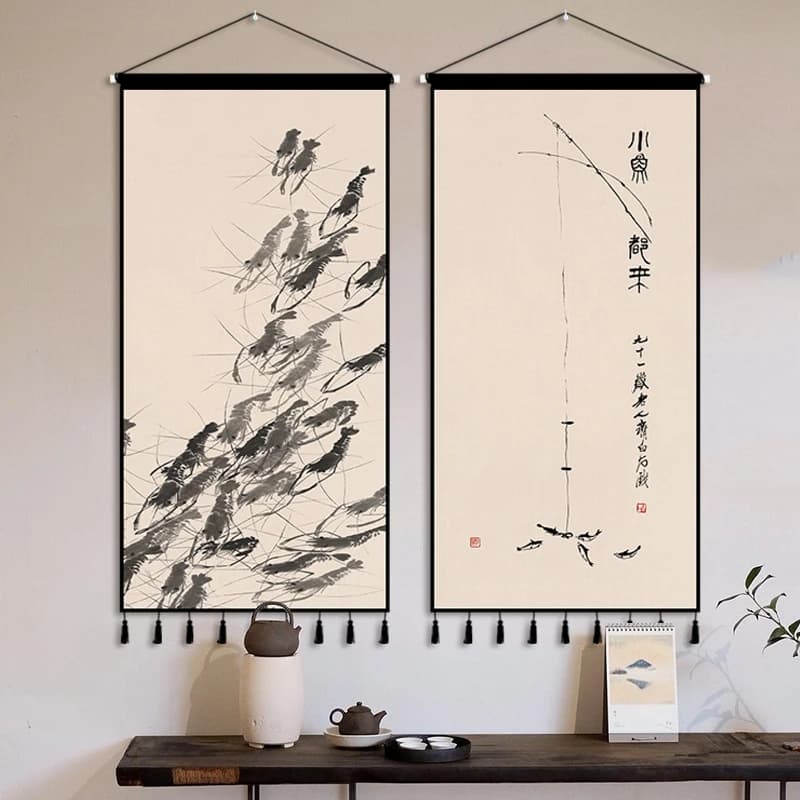 Qi Baishi Shrimp & Lotus Tapestry Wall Hanging - Ink Zen Aesthetic Room Decor for Living Room, Scroll Art Watercolor Background