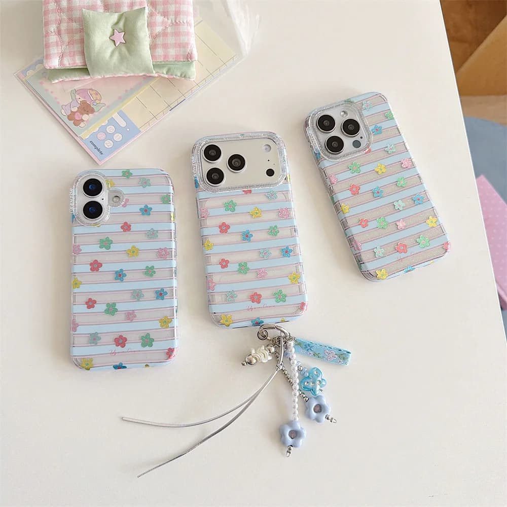 Korea Ins striped flowers Phone Case for iPhone 15 Pro 16 17 Pro Max Cover Cartoon Cute Cases Shockproof  Funda pendant