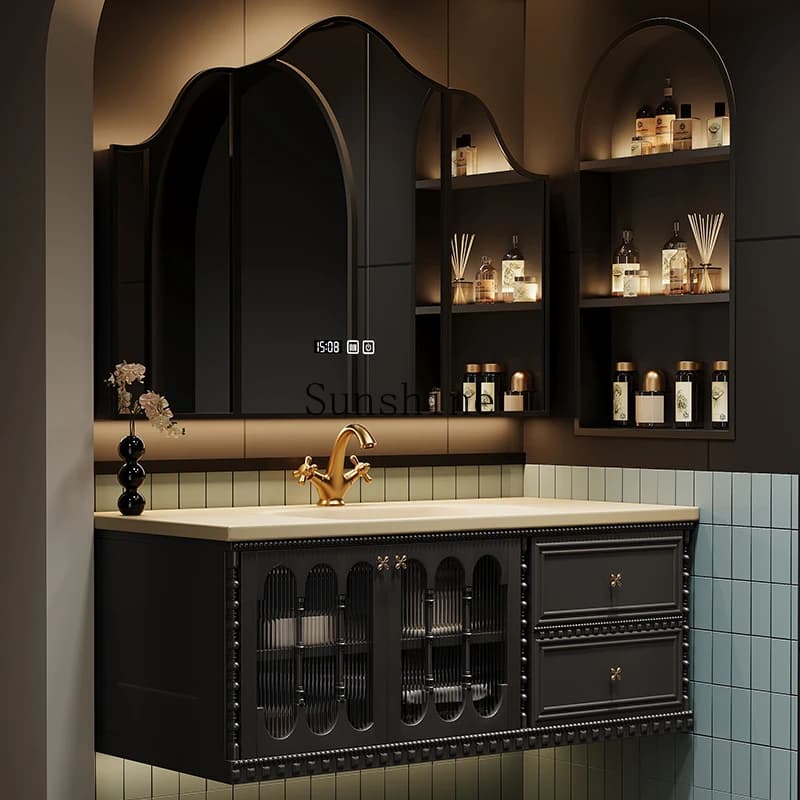 Oak French vintage bathroom combined toilet slate washbasin bathroom cabinet customization