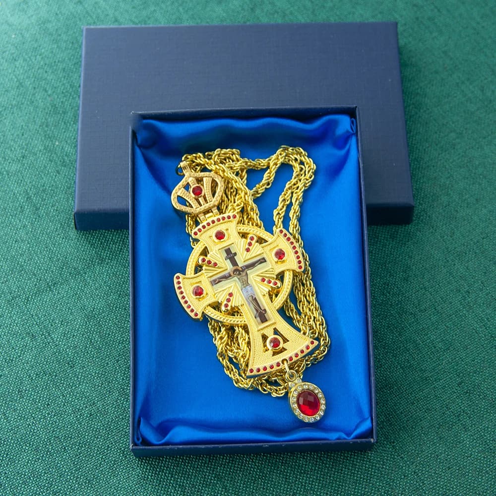 HTISOK Orthodox Cross Christian Church Cross Jesus Crucifix Necklace Antique Gold Plated Resin Jesus Orthodox Priest for Prayer