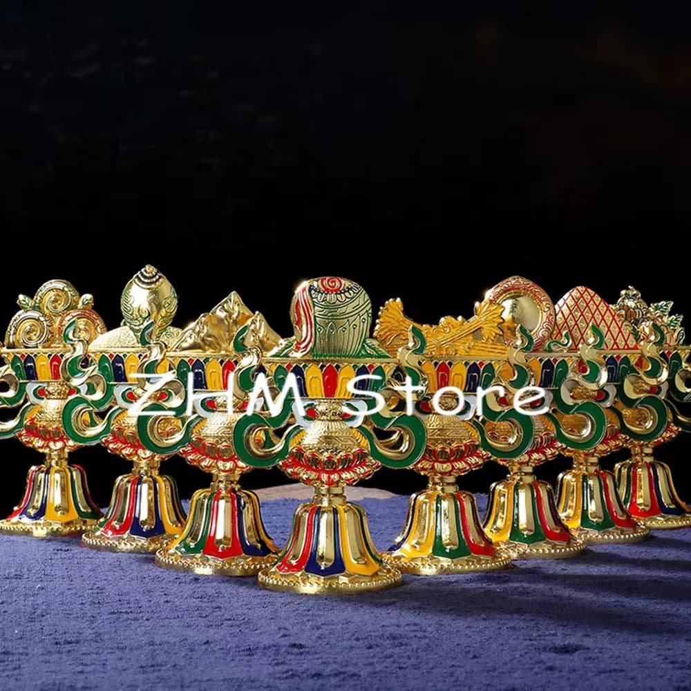 Gold 8pcs/set Lotus Base Colored Plated Buddhist Suppliers Tibetan Tranic Eight Auspicious Symbol Putting Decorate Instruments