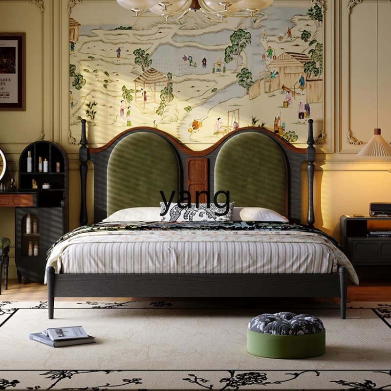 LH solid wood bed retro black master bedroom bed 1.8m antique storage double bed princess