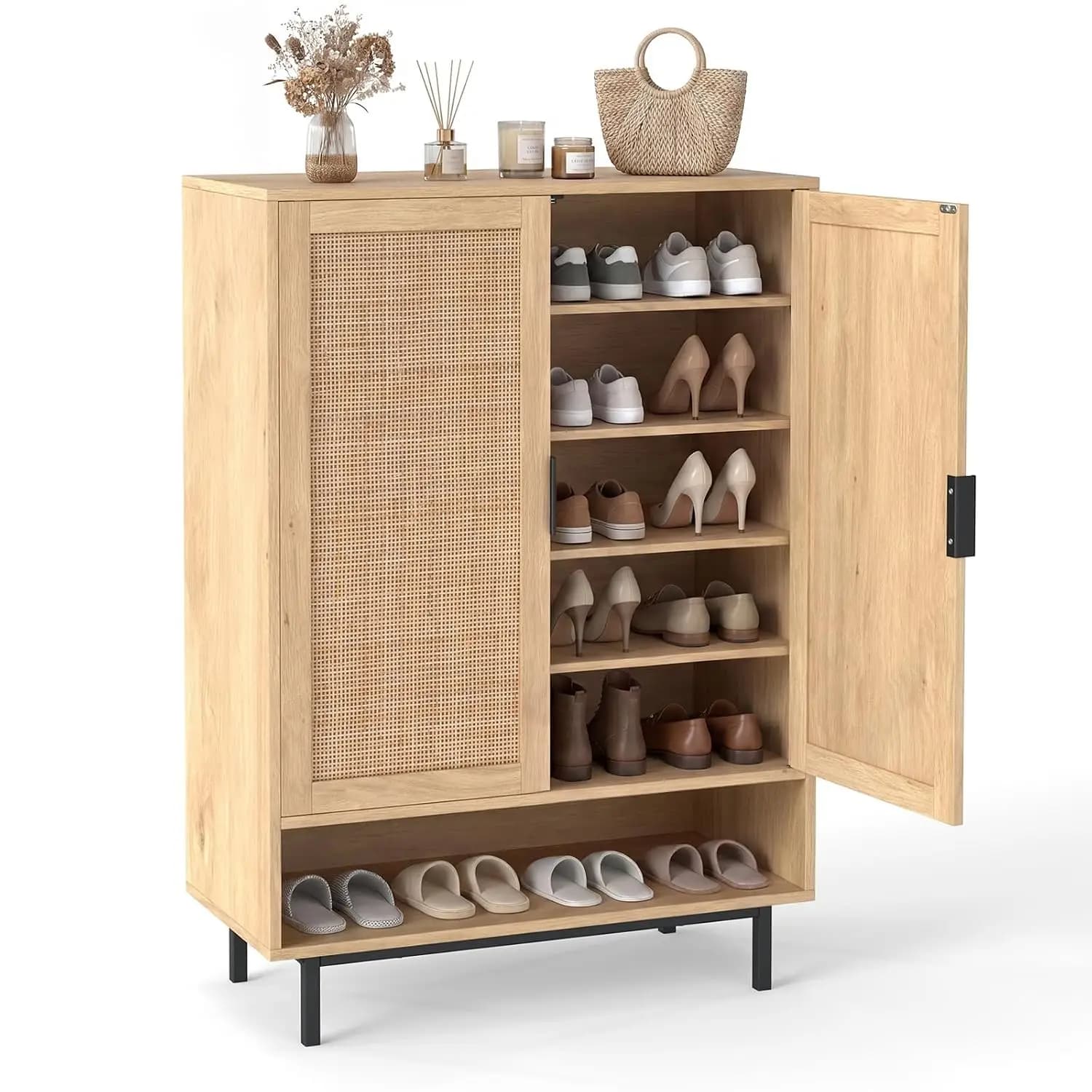 6-Tier Rattan Shoe Storage Cabinet, 2 Doors, Adjustable Shelves & Open Compartment, Freestanding Shoe Organizer for Entryway