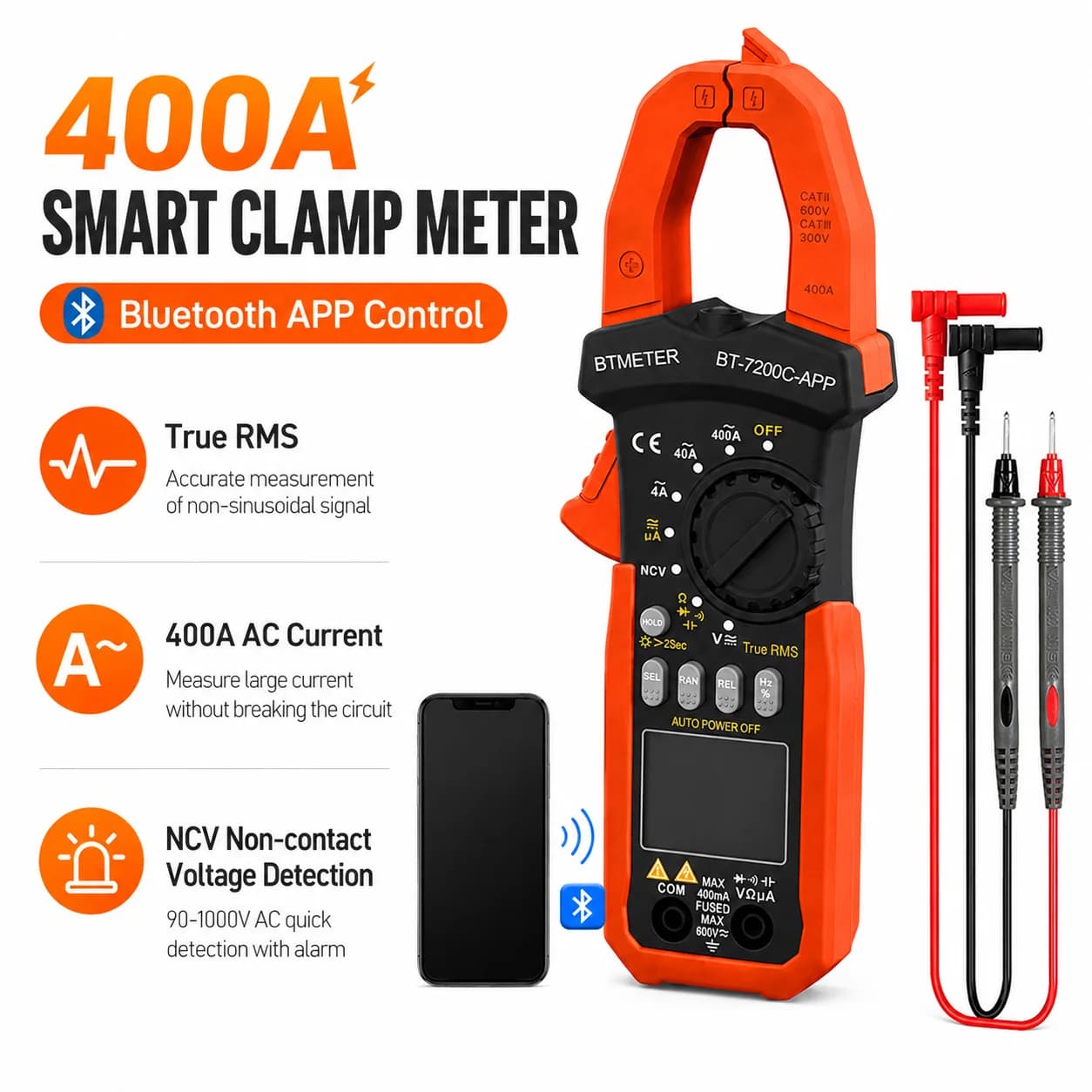Clamp Meter 4000 Counts True RMS AC Current Tester with Bluetooth APP NCV for HVAC Electrical Maintenance
