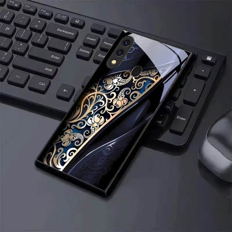 Royal Golden Swirl Ornate Black Glass Phone Case For Samsung A70 A71 A72 A73 A8s A51 A56 A55 A54 A35 A34 A32 A25 A26 A20s Cover