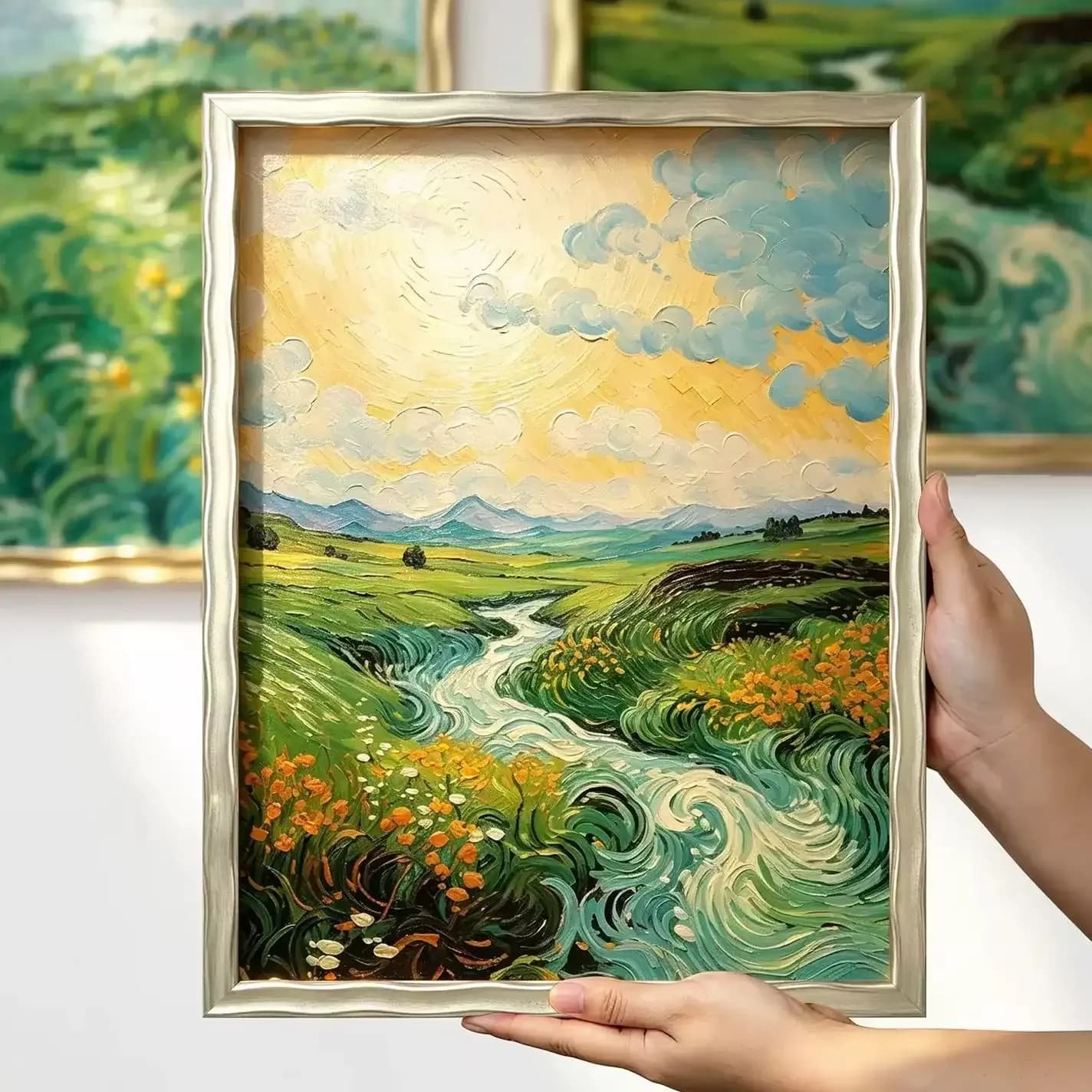 Cream White Wavy Edge Solid Wood Picture Frame Photo Frame 4cm Deep Rabbet Frame for Stretched Canvas Oil Painting Wall Decor