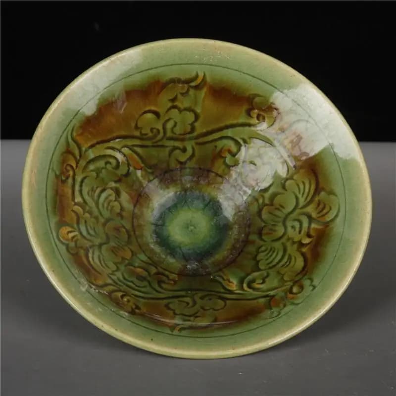 Chinese Porcelain Kiln Floral Pattern Green Glaze Bowls 5.51 Inch