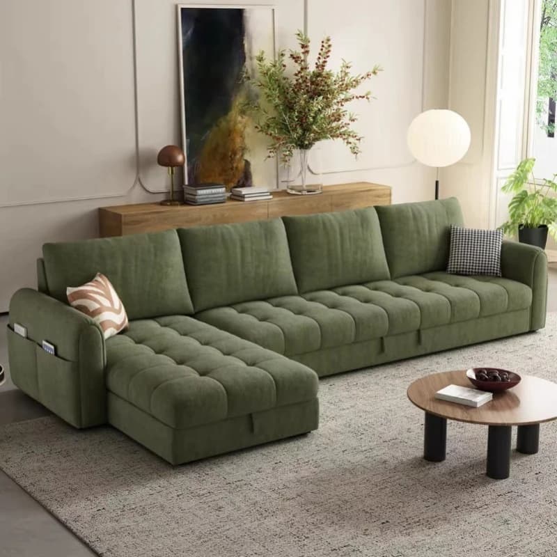 Modern cream living room sofa set, modular apartment villa corner adjustable storage sofa bed