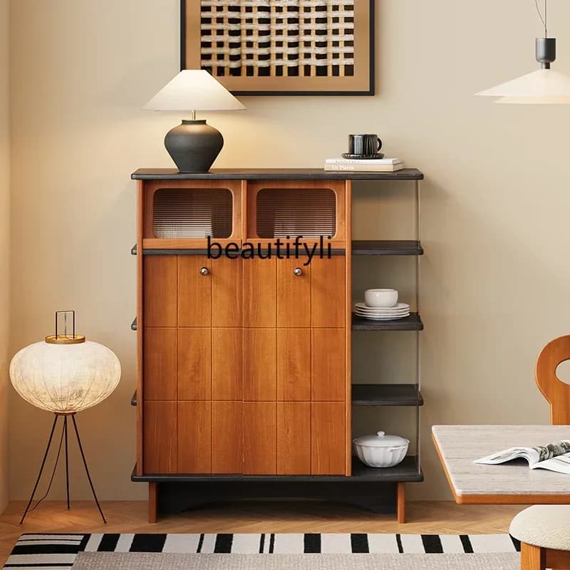 Medieval solid wood dining side cabinet against the wall Small apartment retro tea cabinet Living room storage side cabinet