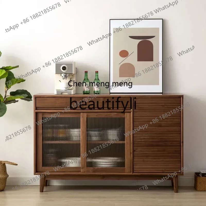 32Black walnut side cabinet, all solid wood wine cabinet, living room storage locker, glass short cabinet