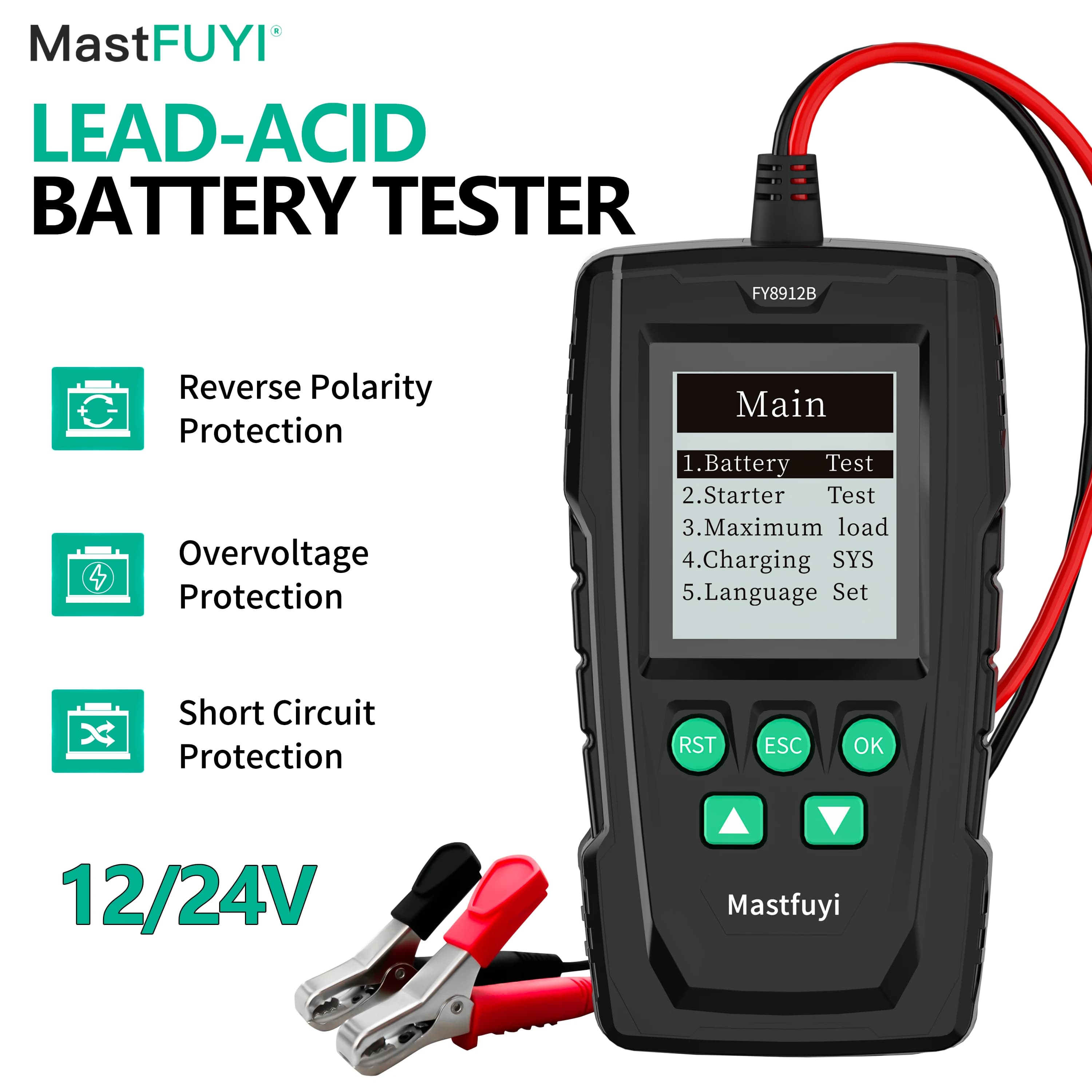 MASTFUYI Digital 12V/24V Car Battery Tester, 100-1700 CCA for AGM/EFB/GEL Lead-Acid Batteries, IR/CCA/SOH/Voltage Analyzer Tool