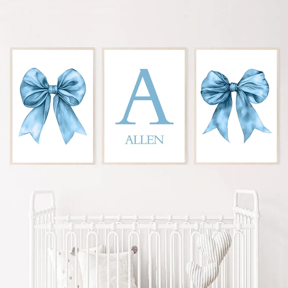 Blue Bow Canvas Painting Personalized Custom Name Wall Art Nursery Posters and Prints Nordic Wall Pictures Baby Girls Room Decor