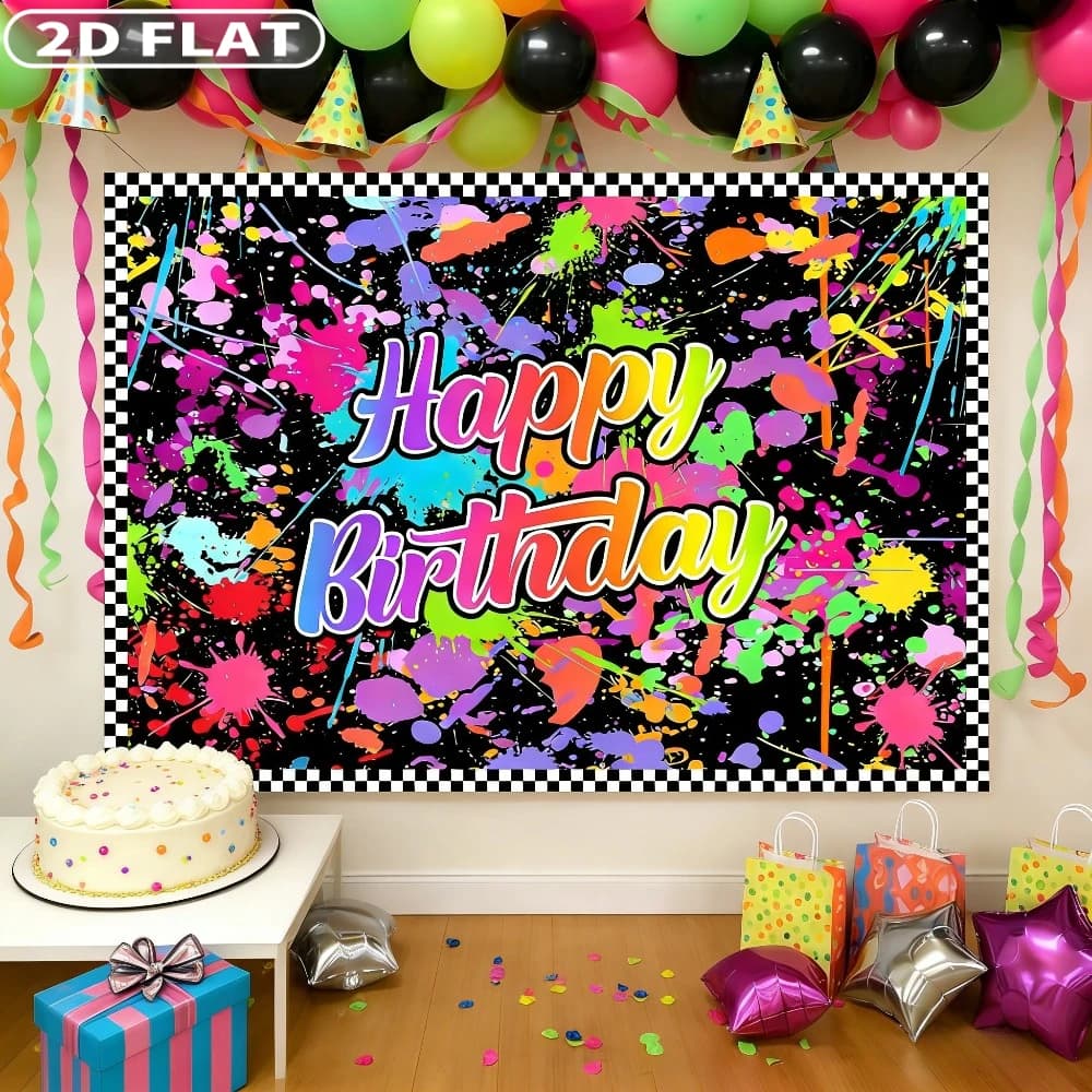 2D FLAT 1pc Happy Birthday Party Banner for Glow in The Dark Party - 145x215cm/57.08x84.64inch Neon Splatter Graffiti Background