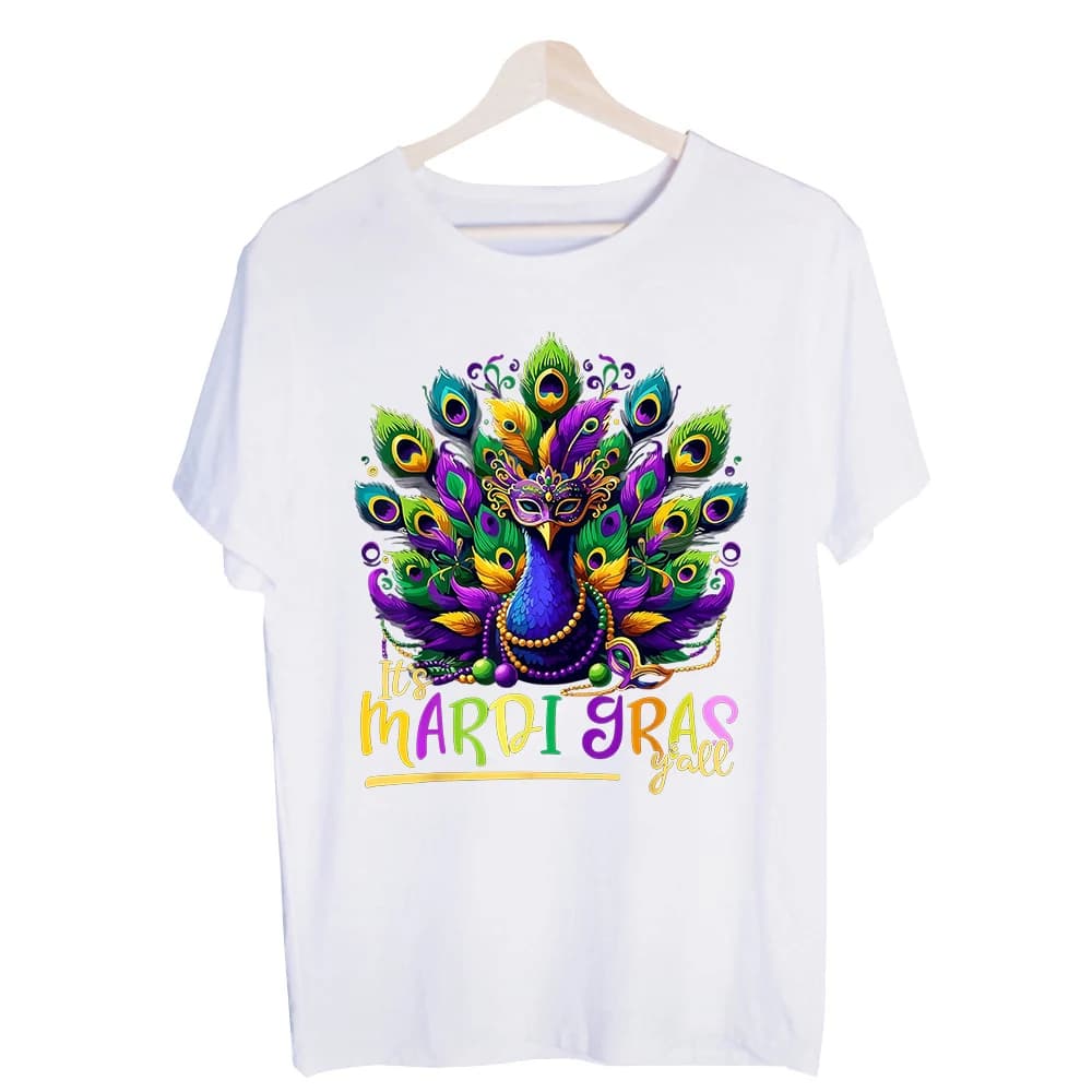 Men's Peacock Feather Mask Graphic Tee, Mardi Gras Inspired Short Sleeve Crew Neck T-Shirt Casual Wear