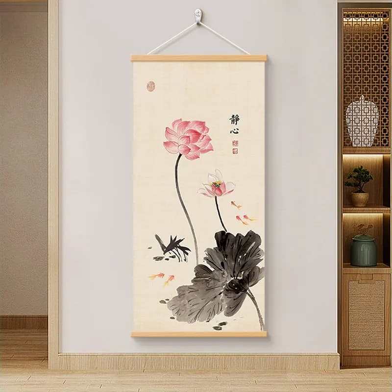 Zen Wall Decor Scroll - 50x100cm Ink Lotus Flower Print, Minimalist Chinese Aesthetic for Entrance, Tea Room, Yoga Studio