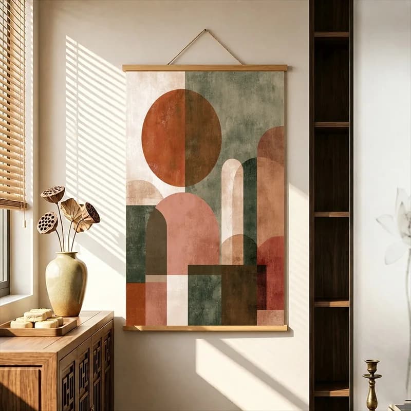 Wall Art Retro Geometric Arches in Earthy Colors, Modern Abstract Pearlescent Canvas Wall Hanging Scroll for Furniture Showroom