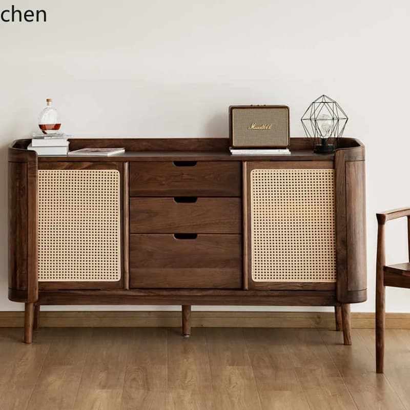 Solid Wood Storage Cabinet Rattan Sideboard Vintage Sliding Door Storage Entryway Cabinet Chest of Drawers