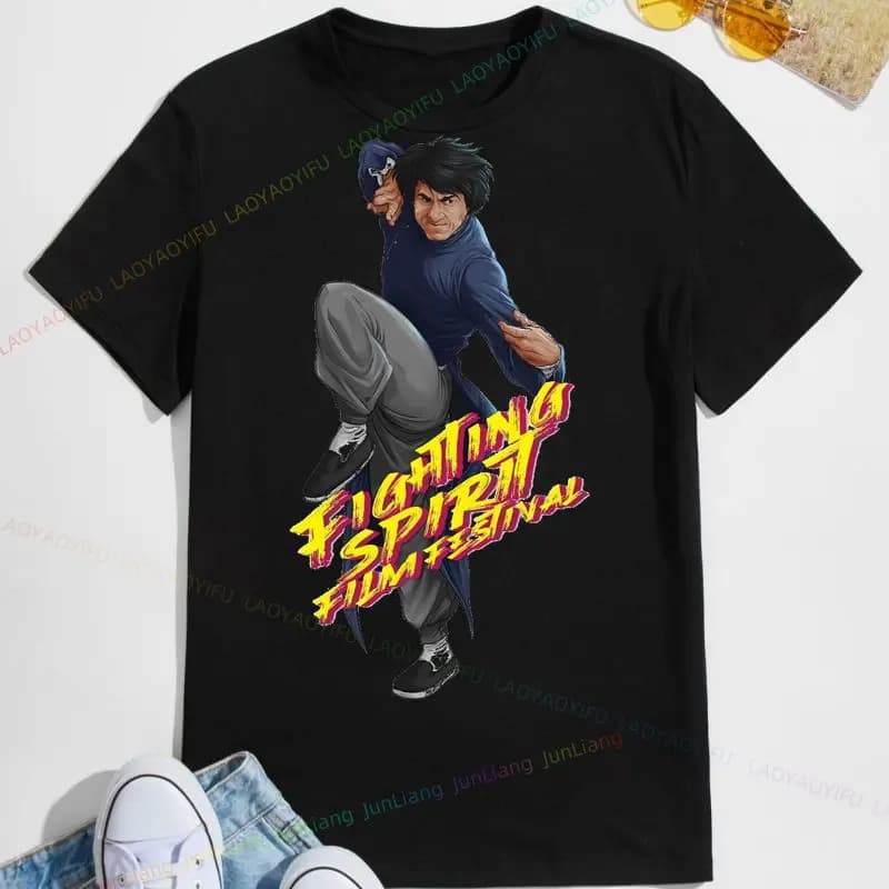 Chinese Kung Fu Jackie Chan T-Shirt Men's Movie Dragon Fight Short Sleeve Vintage Shirt Top