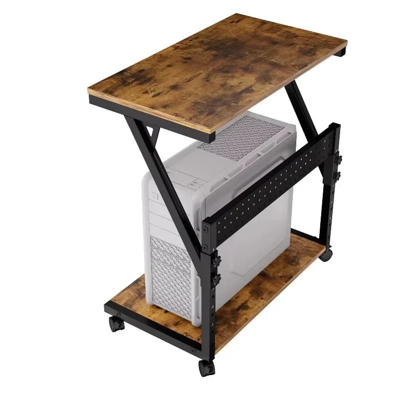 Rustic brown 2 layer computer stand lockable roller adjustable height wooden metal computer tower car for home office games