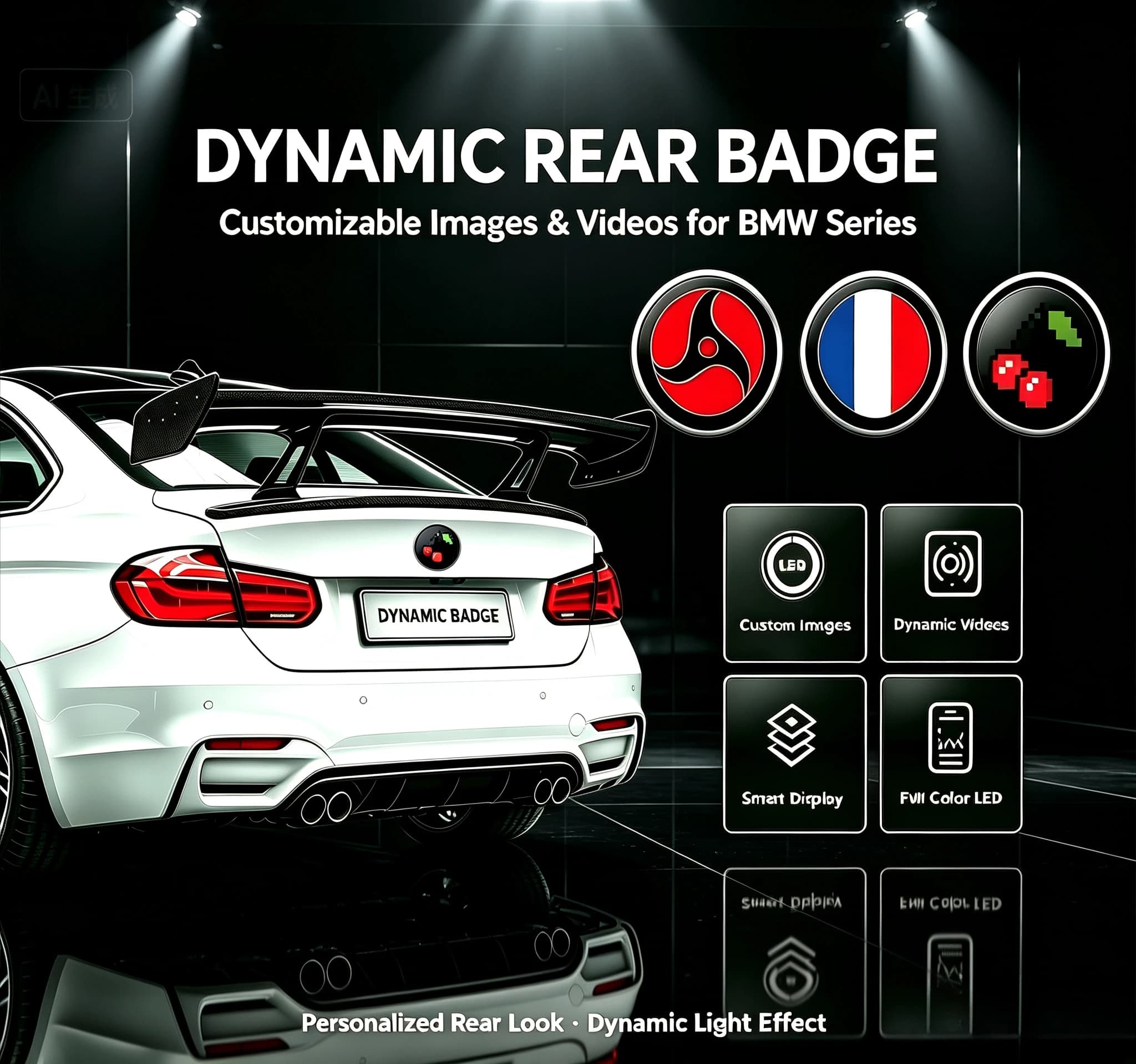 Suitable for BMW X1, X2, X3, X4, X5, X6, 520, 530, M35i, M50, etc. Customized dynamic LED ultra-thin high-definition rear logo.