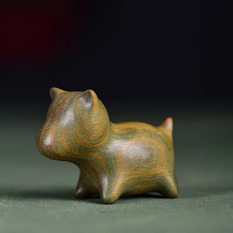 Green Sandalwood Carved Cartoon Dog Figurine Wealth Mini Statue Hand Play Wenwan Ornament for Men Women Desktop Decor