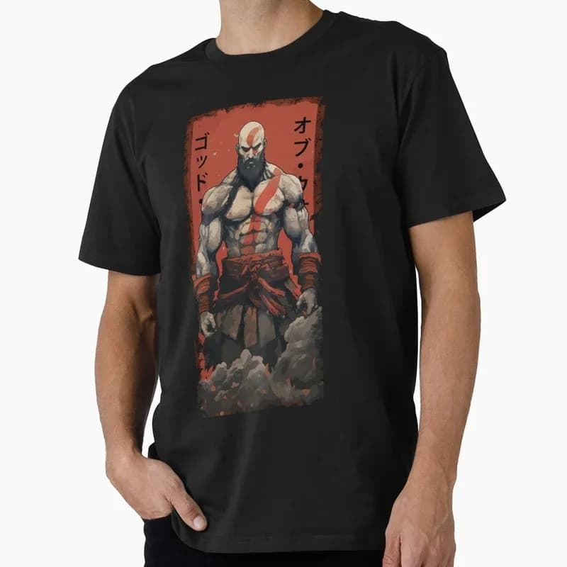 God of War Kratos Ukiyo-e T Shirt Men's Gaming Graphic Tee Spartan Warrior Ragnarok Streetwear Short Sleeve Unisex Gamer Gift
