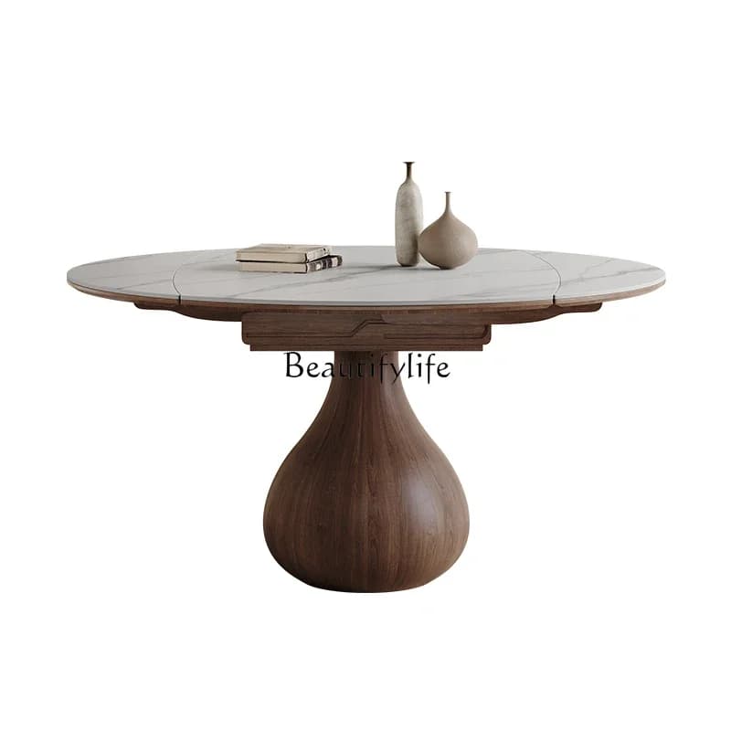 D33Solid wood round dining table Modern simple small apartment rock slab dining table retractable