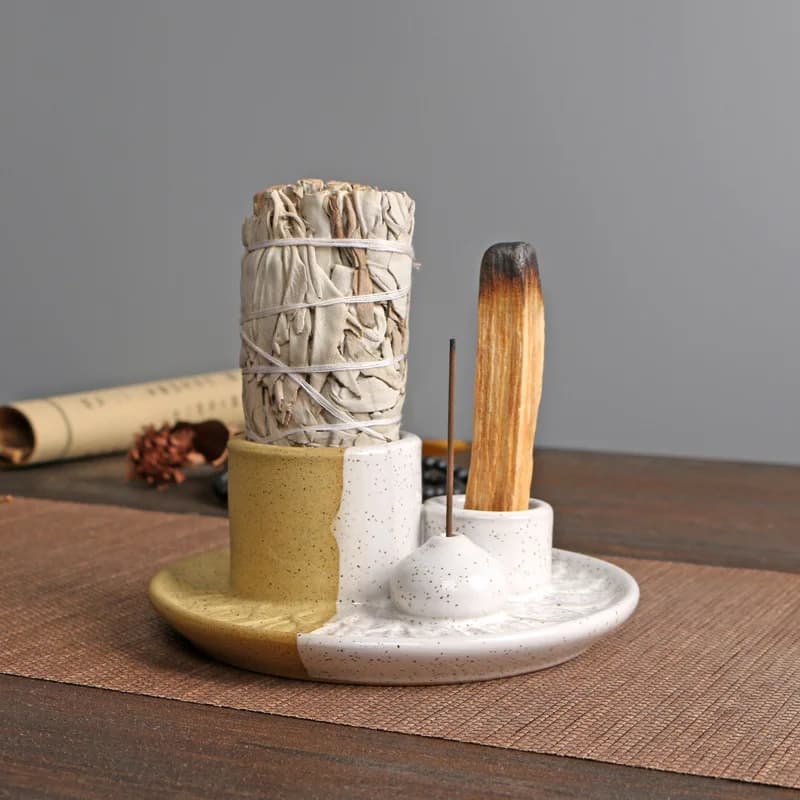 Ceramic Incense Burner Set-4-in-1 Handcrafted Incense Stick Palo Santo Holder with Smudging Sage Holder Incense Holder Tray