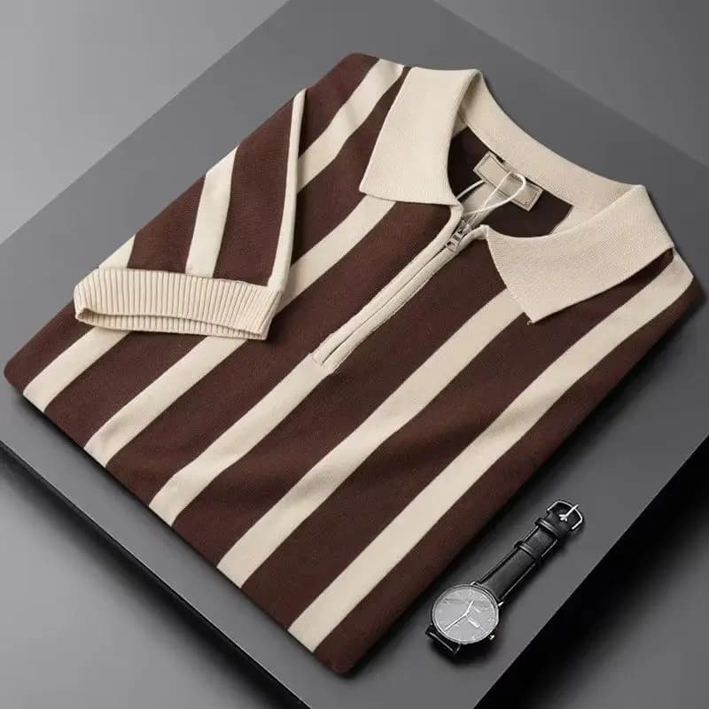 2024 New Summer Minimalist Color Striped Casual Slim Fit British Retro Style Personalized Flip Collar Half Zip Knit Polo Shirt