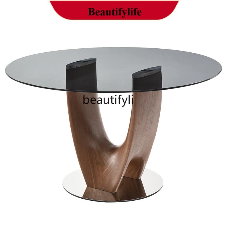 z183 Nordic slate glass creative walnut dining table home modern minimalist large round dining table
