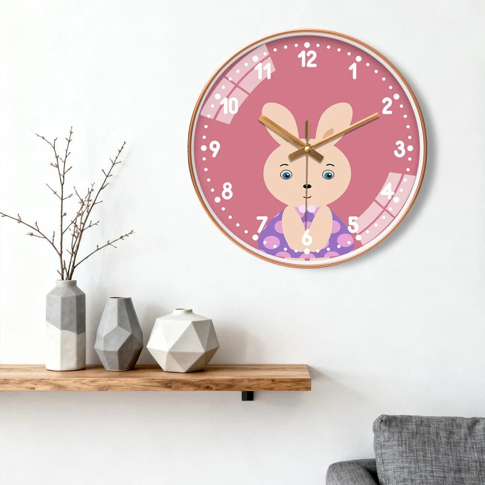 Cute Cartoon Wall Clock Round Design Adorable Animal Print Quartz Movement Decor For Kid Bedroom Living Room Playroom Gift
