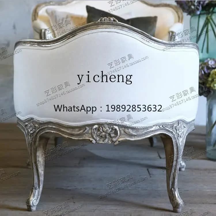 Wood Carved Linen Chaise Longue Sofa Living Room Balcony Beauty Bed Sofa