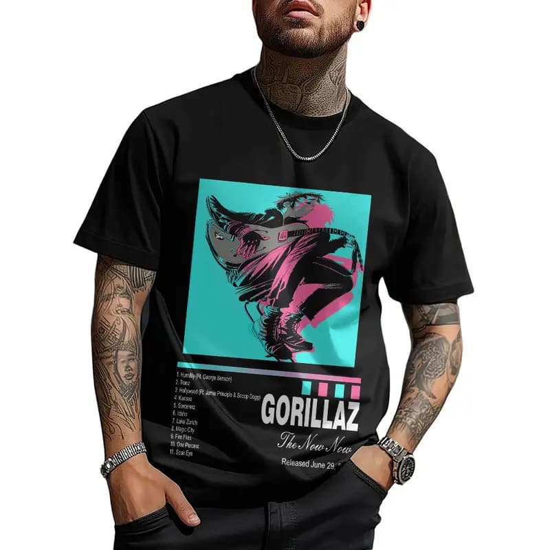 Gorillaz Virtual Rock Band Graphic T‑shirt Unisex Vintage Y2K Tee Hip Hop Streetwear 0824 Casual Cotton Tops S-6XL Fan Gift
