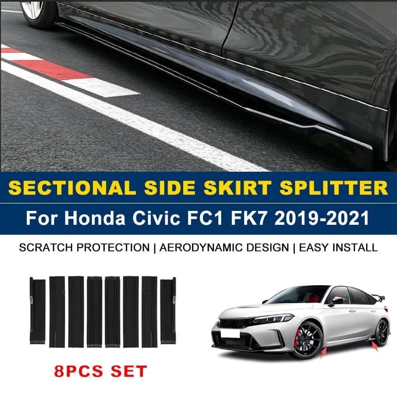 2m Sectional Side Skirt Extension Lips Side Spoiler, Car Exterior Modified Upgrade Kit For Honda Civic FC1 FK7 2019-2021 2020