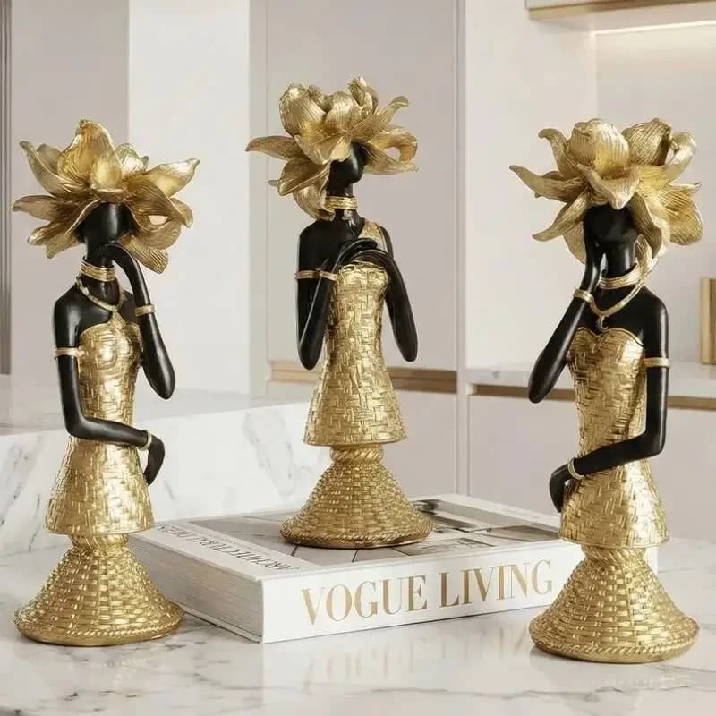 Resin Handicrafts Simulation Figure Sculpture African Elegant Goddess Black Statue Golden Flower Woman Home Decoration