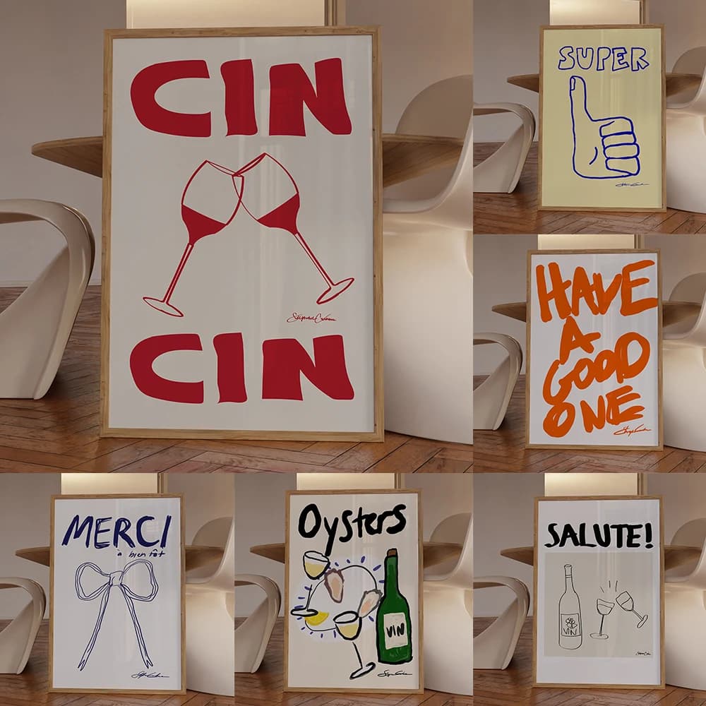Frameless Drinking Alcohol Poster Cin Cin Prints Wine Bottle Pictures Salute Merci Canvas Painting Home Party Wall Decorative