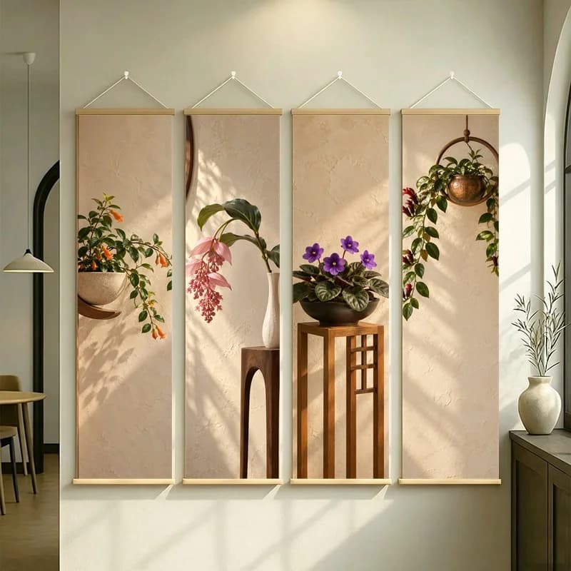 Wall Art Medinilla and African Violet, Calm Wabi-Sabi Silver Shimmer Canvas Hanging Scroll for Meditation Room Home Decor
