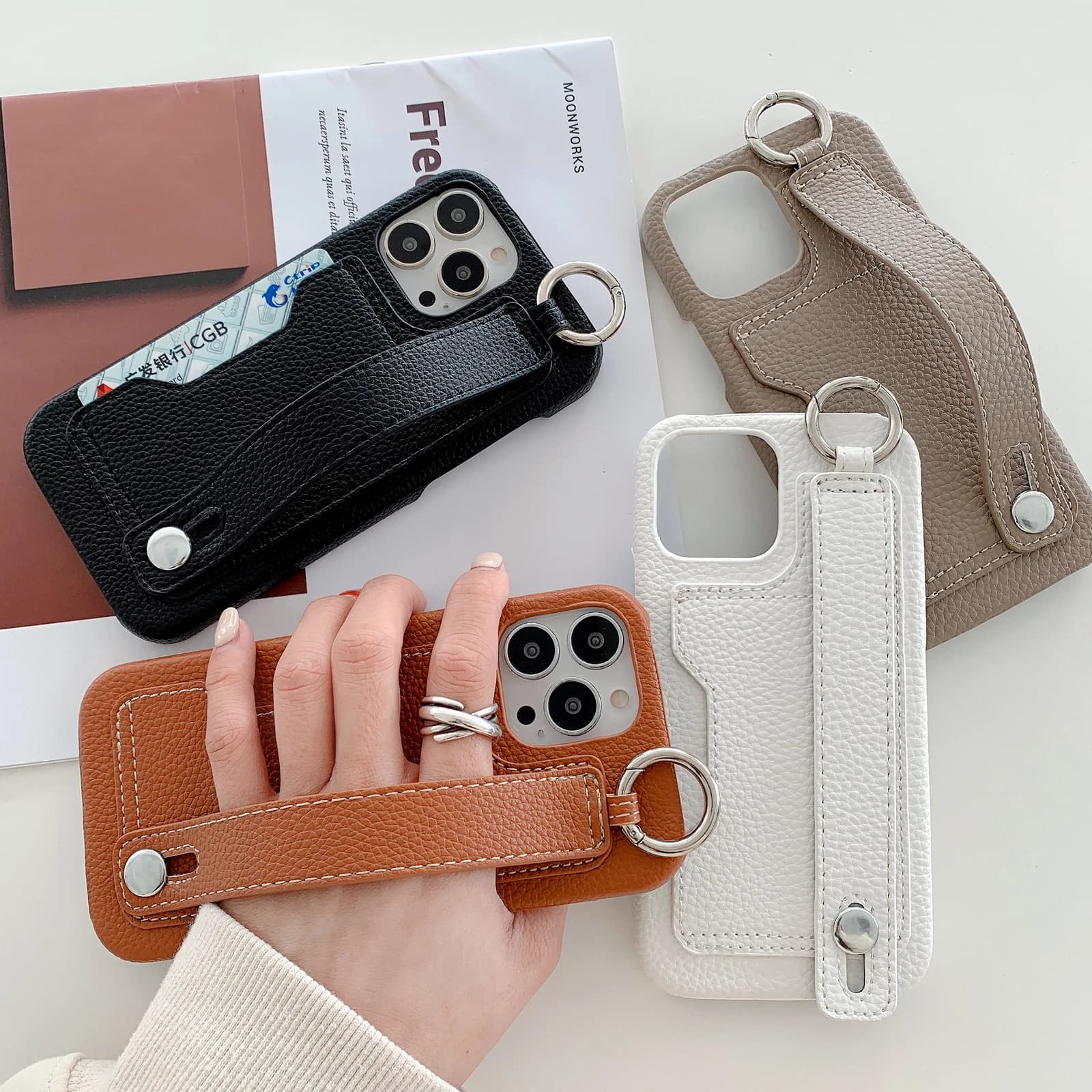 Shockproof Litchi Leather Wrist Strap Card Holder Wallet Case for iPhone 15 Pro Max 16 14 13 12 11 X, Hand Strap Kickstand Cover