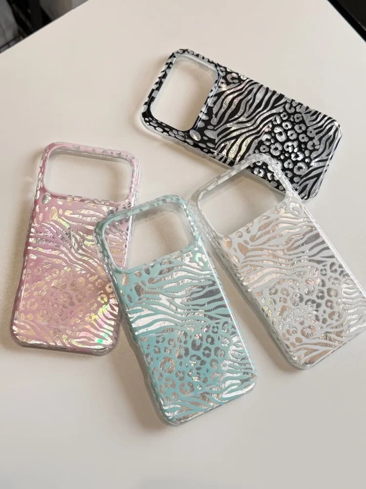 Holographic Zebra Leopard Mixed Print Phone Case for iPhone 17 16 15 Pro Max Glitter Laser Shockproof Soft TPU Cover