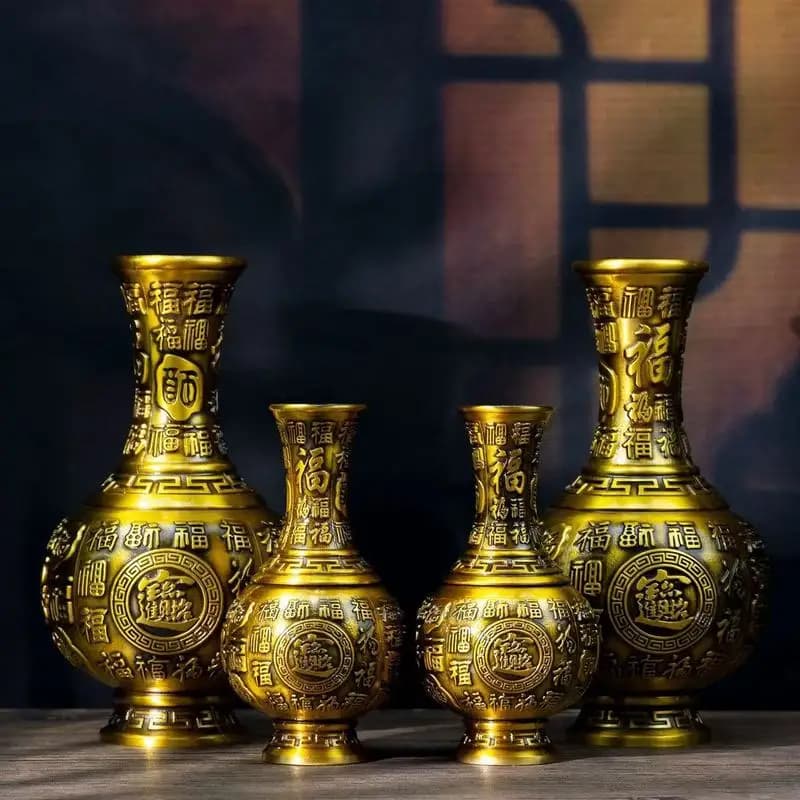 Brass Hundred Blessings Vase, Large Wealth-Attracting Decorative Vase, Flower Arrangement Vase, Home Living Room and Buddhist Ha