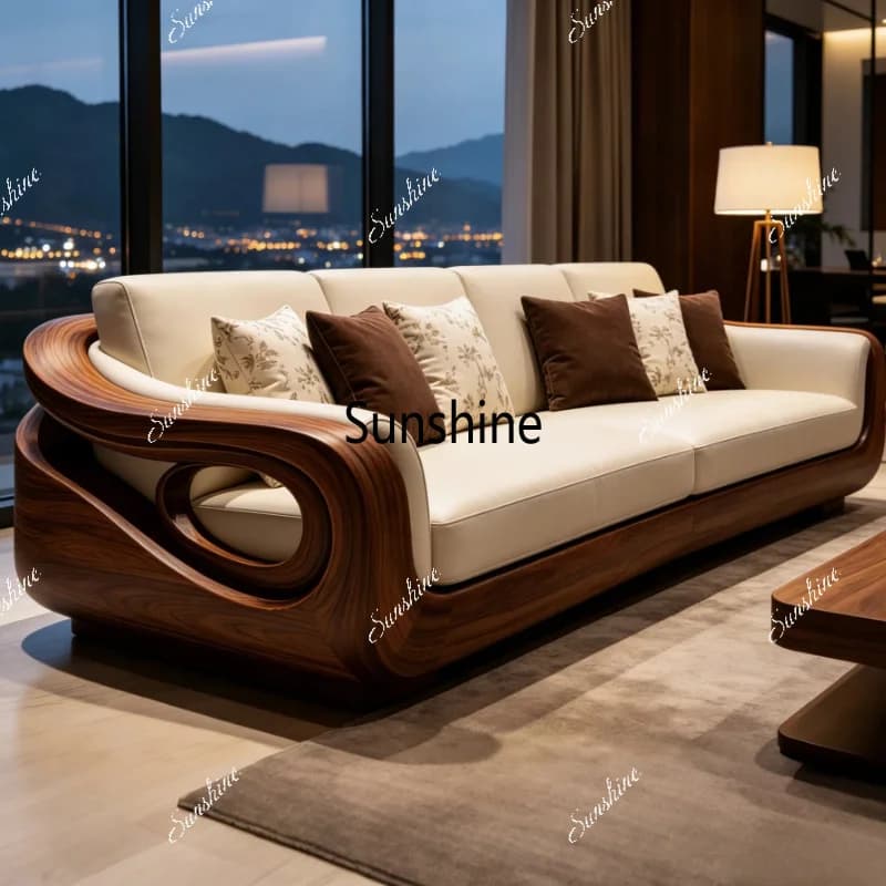 New Chinese sofa straight row office living room high-end leather solid wood furniture