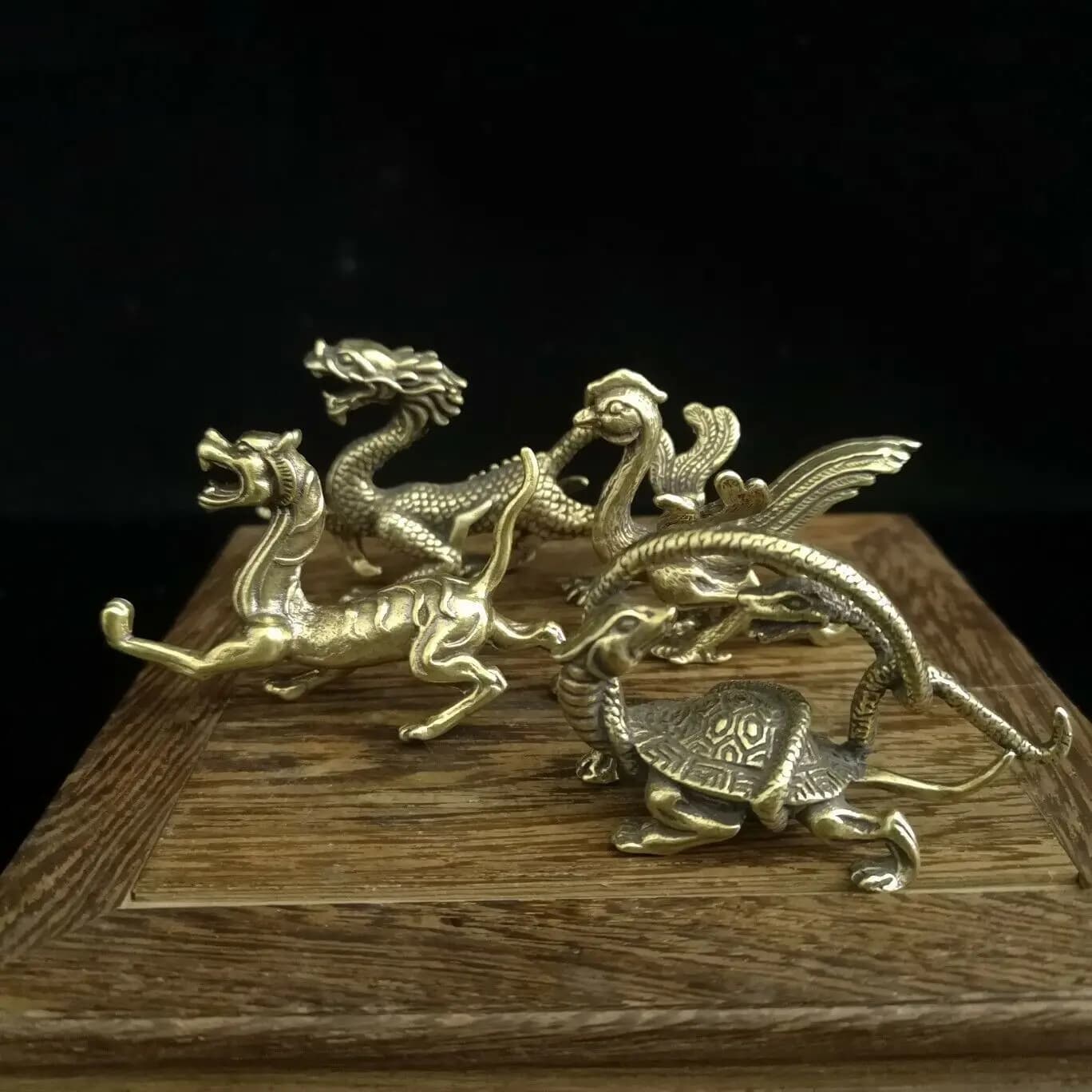Old Chinese Handwork Pure Brass Copper Feng Shui Four Beast Statue Set