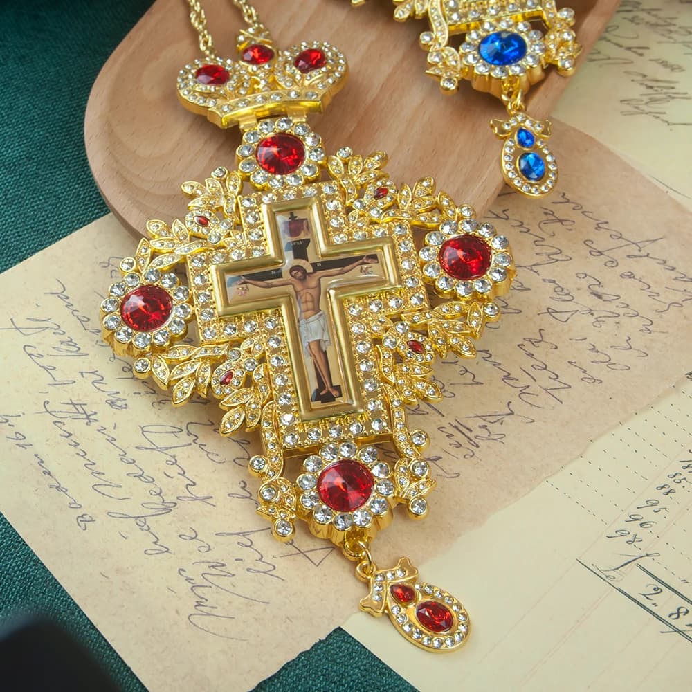 HTISOK Greek Orthodox Church Bishop's Pectoral Cross Necklace with Gemstone Religious Decoration for Priest Ordination