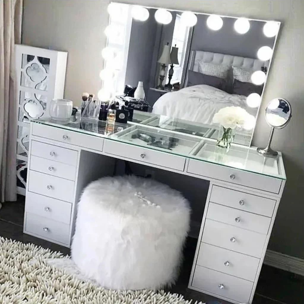 TQH Modern Wooden Dressing Makeup Table with Mirror and Drawers Vanity Desk for Makeup Vanities Dresser for Bedroom