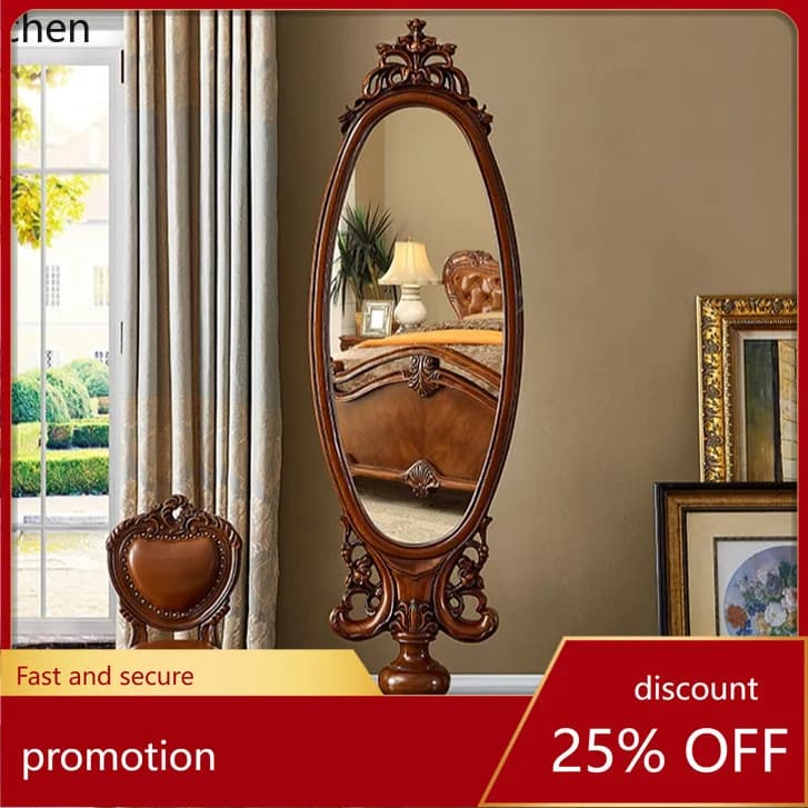 CZ Solid Wood Carved Floor Mirror for Living Room, Bedroom Dressing Mirror, High-end Villa