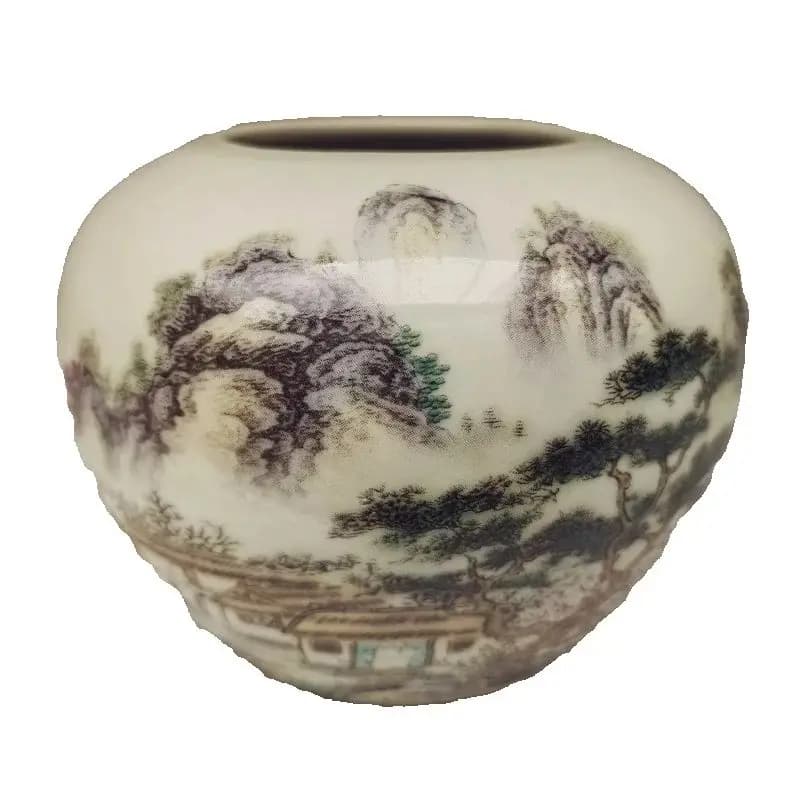 Chinese Old Porcelain Vase round Storage Tank Mountain Village Pattern Traditional Decorative Item collection