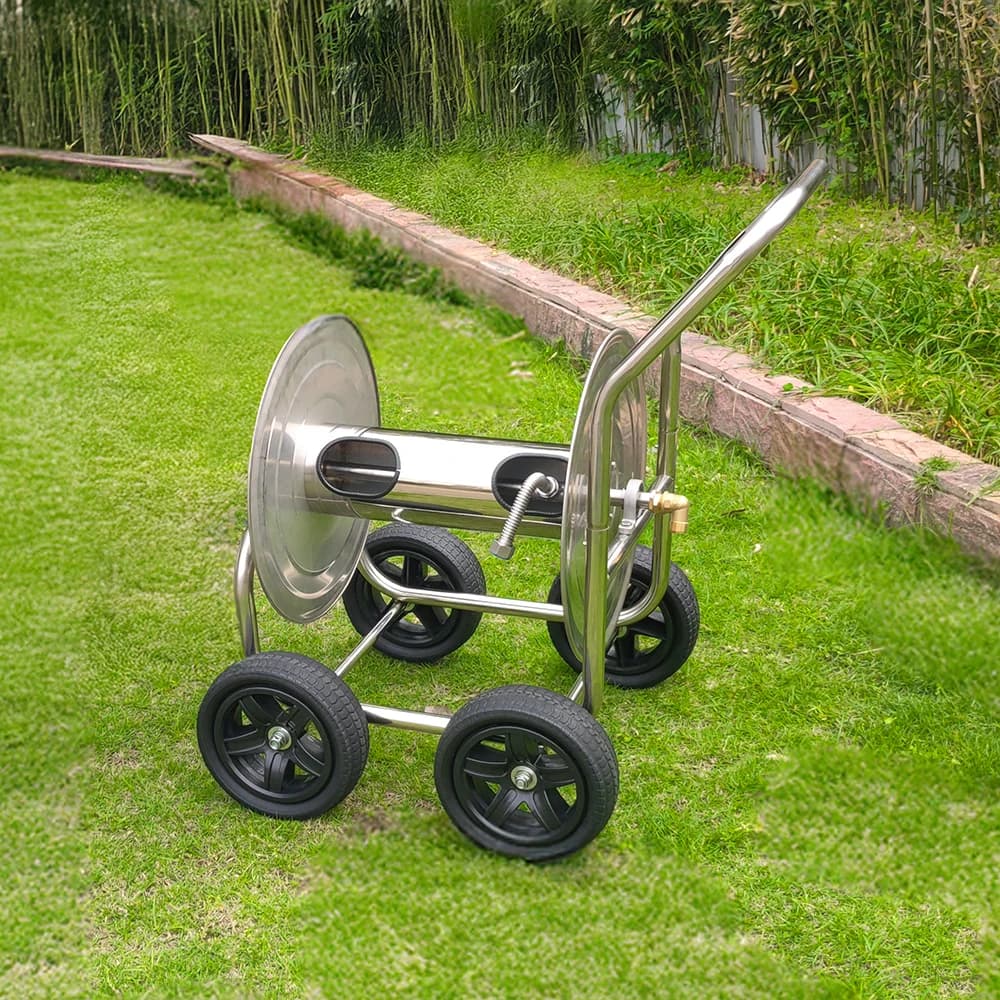 Best Quality 4-Wheel Steel Garden Water Hose Reel with Adjus Telescopic Handle