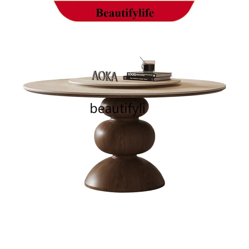 z183 Retro style solid wood home round walnut dining table French round dining table and chair combination