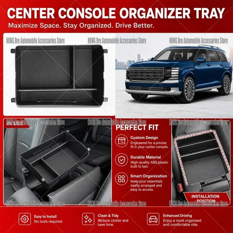 For 2026 Hyundai Palisade Center Console Organizer Tray Armrest Storage Box Compartment 7 Seater Interior Accessories